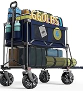 PORTAL 400L Collapsible Double Decker Wagon, Folding Wagon Cart with Tailgate, Beach Wagon with B...