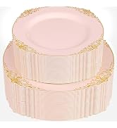 Joyido 102PCS Pink Plastic Plates - Pink and Gold Plate - Heavyweight Disposable Plate with Gold ...