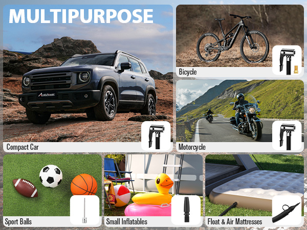 Multipurpose for car tires, bicycles, motorcycles, air mattresses, sports balls, small inflatables