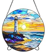 Suncatcher Stained Glass Window Hanging - Golden Seaside Sunrise Colored Glass Panel Round Sun Ca...