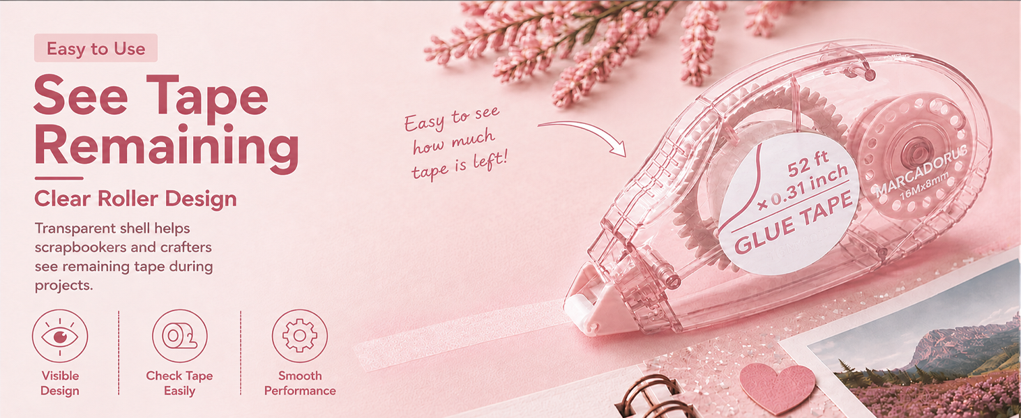 Smooth tape runner applying clean adhesive to paper, photos, scrapbook pages and handmade cards.