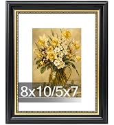 QOTIB 8x10 Picture Frame Black with 5x7 Mat, Elegant Photo Frame with Gold Accent, 8 by 10 Frame ...