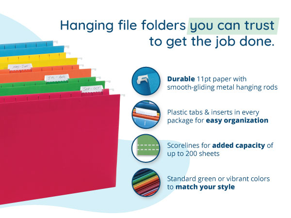 Features description of hanging file folders with assorted color image