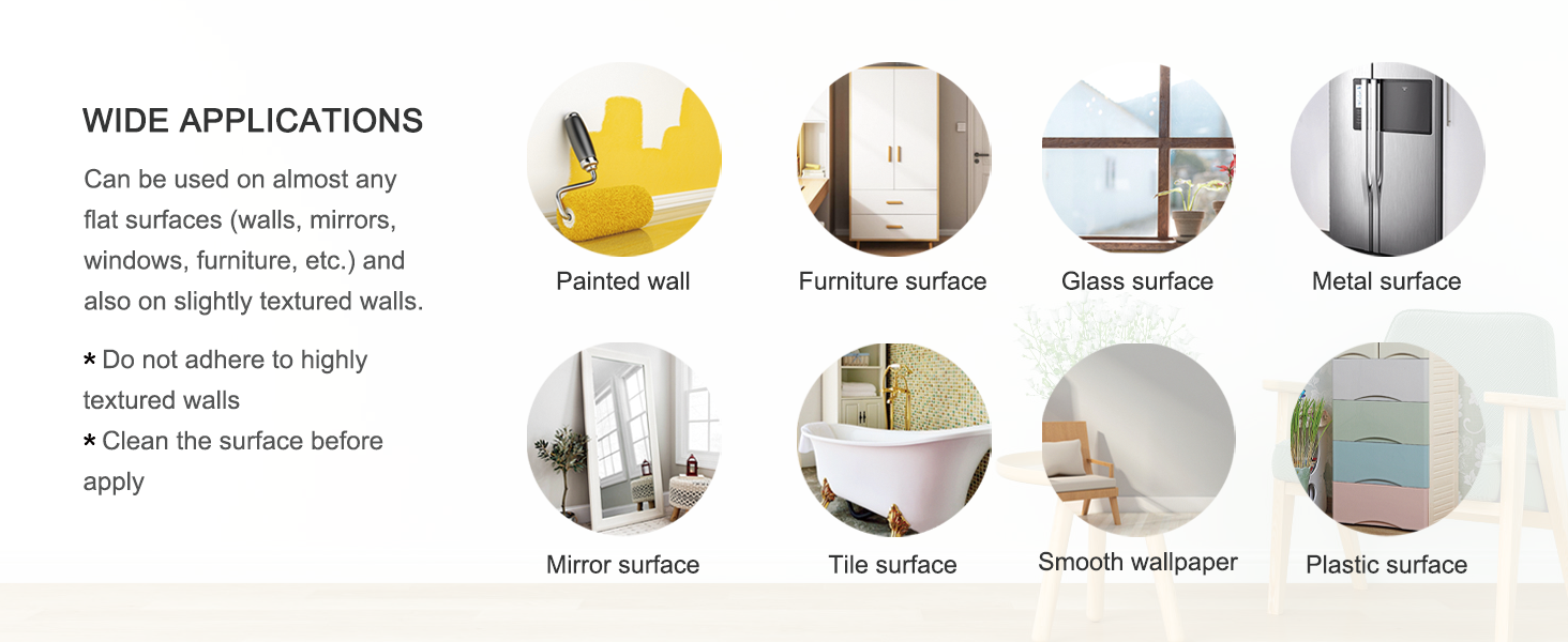 Infographic showing eight circular images demonstrating various surface applications, including painted wall, furniture, glass, and metal surfaces.