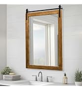 SeekElegant Farmhouse Barn Door Mirror, 25" x 38" Rustic Bathroom Mirror, Wood Framed Wall Mirror...