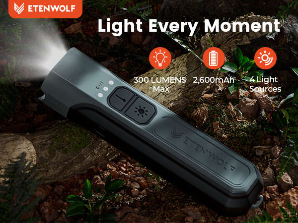 ETENWOLF L2 LED Handeld Flashlight with 2600mAh Battery and 4 Light Sources