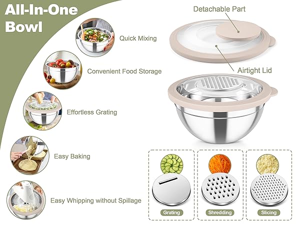3 grater attachments can be placed on the largest lid for slicing/ grating/ shredding for prepping