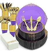 AIRE 175PCS Purple Gold Plastic Plates for Party Dinnerware Sets for 25 Guests, Vintage Disposabl...