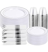 DaYammi 350PCS Silver Plastic Dinnerware Set for 50 Guests, Fancy Disposable Plates for Party, In...