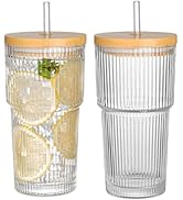 AUFXKOO 20oz Ribbed Glass Coffee Cups with Lids and Straw,2PCS Glass Cups with Lid and Straw, Vin...