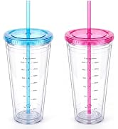 32oz Clear Reusable Plastic Cup with Lid & Straw Set of 2, Double Walled | BPA Free Wide Mouth Me...