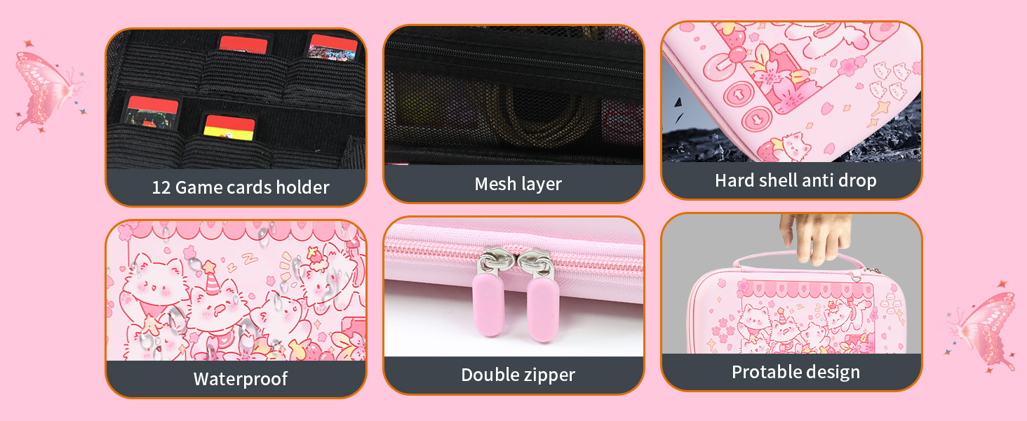 Cute Switch 2 Carrying Case, Kawaii Cat Travel Carry Case with Shoulder Strap