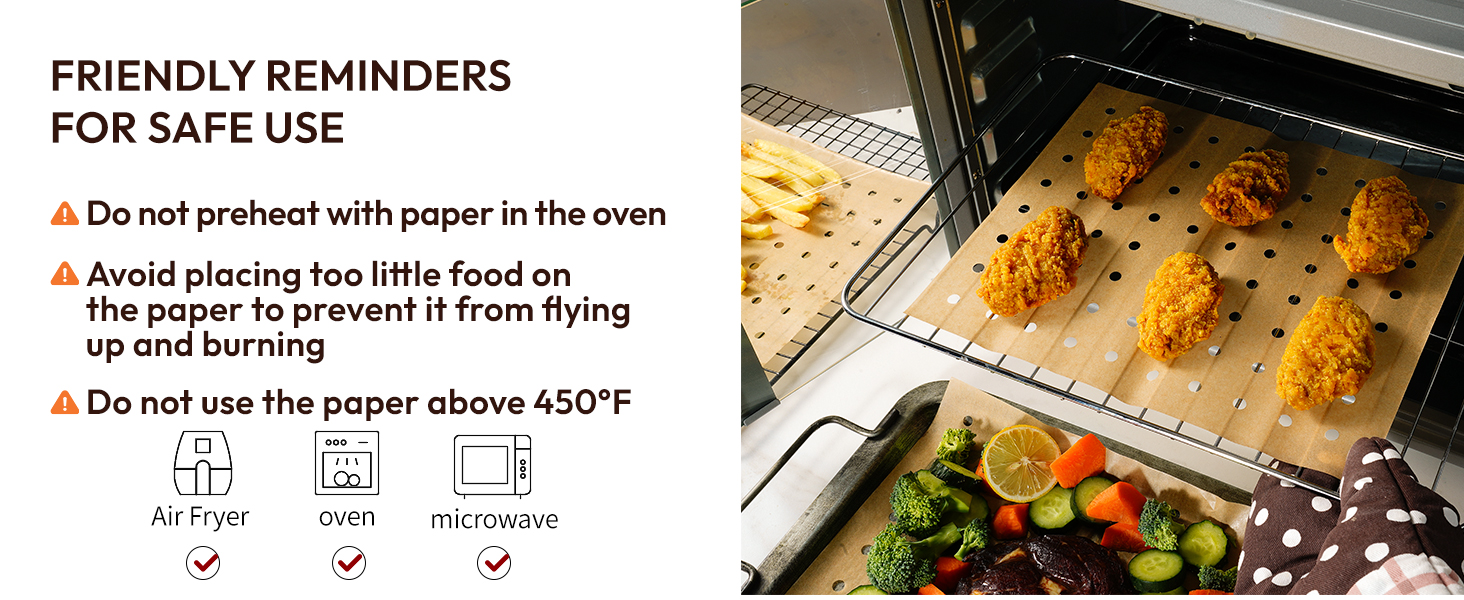 Air fryer tray with chicken nuggets and vegetables. Adjacent safety instructions warn against preheating with paper, underfilling, and using paper above 450°F in air fryer, oven, or microwave.