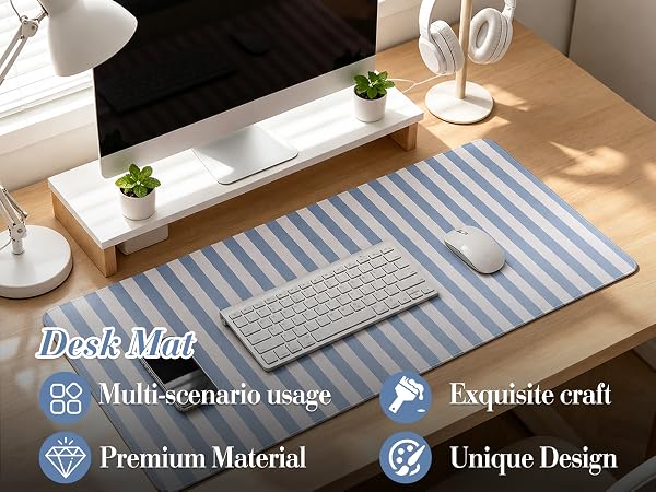 Blue Striped Desk Mat XXL Large Mouse Pad Cute Desk Pad