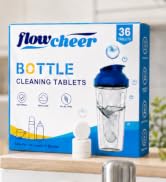 Text reads 'flowcheer BOTTLE CLEANING TABLETS 36'. Product box displays bottle cleaning tablet package with icons showing cleaning features and a glass bottle illustration.