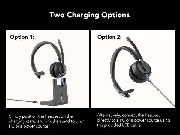 Two charging options for a wireless headset: Option 1 shows headset on a charging stand, Option 2 shows direct connection to a power source via USB cable.