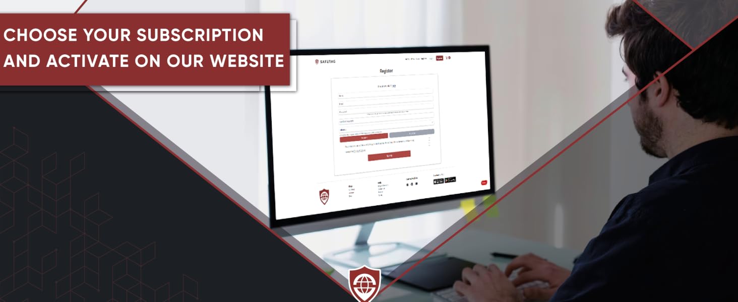 Computer setup showing subscription activation webpage on monitor screen, with red geometric overlay graphics and security shield icon.