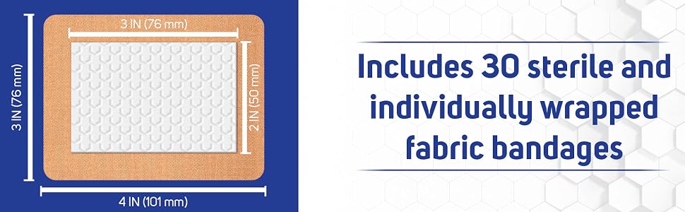 includes 30 sterile and individually wrapped fabric bandages size dimension 3 x 4 inches in