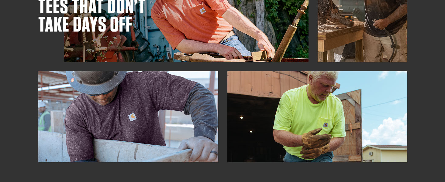 A group of hardworking men wearing Carhartt heavyweight cotton pocket t-shirts.