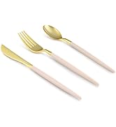 Bestluck 150 PCS Pink Gold Plastic Utensils for 50 Guests, Gold Disposable Silverware with 50 Kni...