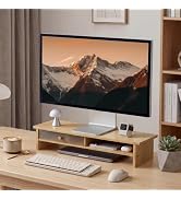 ROCSDEER Bamboo Monitor Stand with Acrylic Sliding Door, Monitor Riser with Storage and Cable Man...