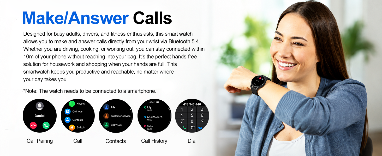 Bluetooth 5.4 smartwatch: answer/make calls. For drivers, busy adults. No need to grab phone.