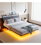 HOJINLINERO Floating Queen Bed Frame with Headboard&Storage Shelf,Ergonomic Queen Size Bed Frame ...