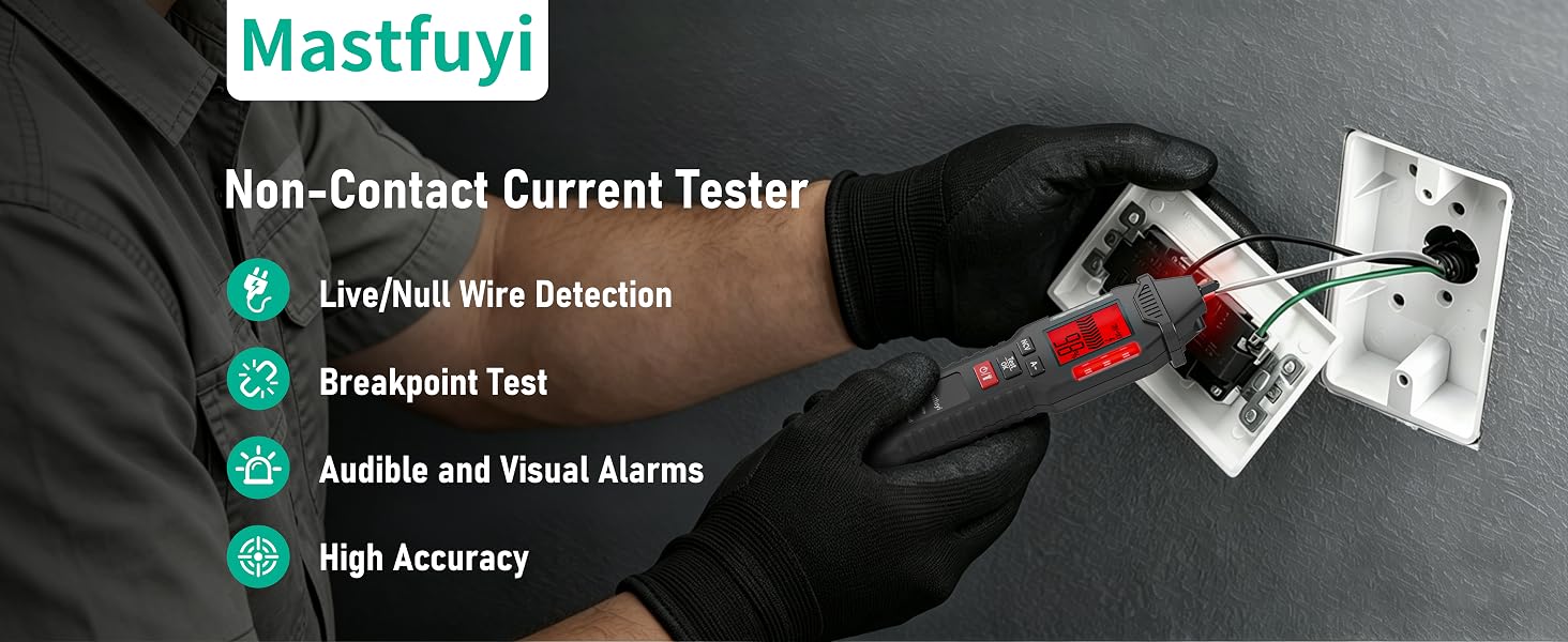 Text reads 'Mastuiyi Non-Contact Current Tester' with bullet points: 'Unlimited Wires Extraction, Broadband, Audible and Visual Alarms, High Accuracy'. Non-contact electrical current tester device shown on black mat with testing demonstration.