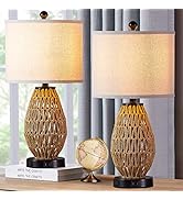 CINSARY Touch Control Rattan Table Lamps, 3 Way Dimmable Bedside Lamps for Bedroom Set of 2 with ...