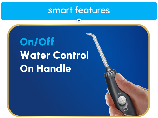 Image of Waterpik flosser with text reading on off water control on handle.