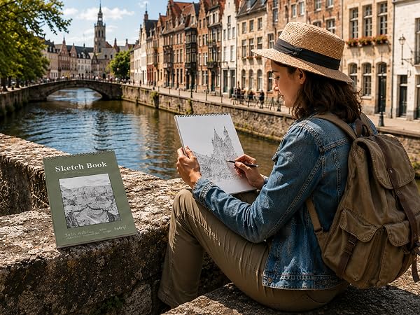 A traveling artist uses a SuFly top spiral sketchbook for an architectural pencil drawing outdoors.