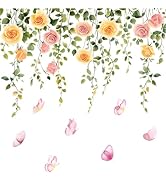 Floral Rose Wall Decals with Butterflies, Peel and Stick Flower Wall Stickers, Watercolor Hanging...