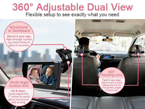 Dual Baby Car Camera features two HD cameras and one display