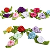 100 Pcs Mini Ribbon Rose Flower Ornament, Satin Fabric Rose Buds with Leaves, Mixed Color Roses S...