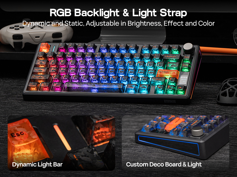Text reads 'RGB Backlight & Light Strap', 'Dynamic Light Bar', 'Custom Deco Board & Light'. Gaming keyboard with RGB lighting displaying rainbow colors across keys.