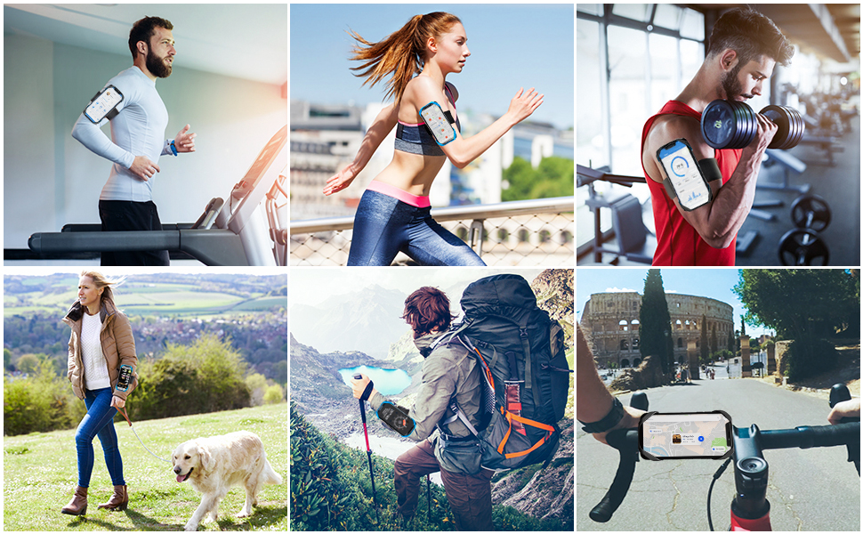 Collage of six images showing people using a wearable device during various activities: running on treadmill, jogging outdoors, weightlifting, walking a dog, hiking, and cycling.