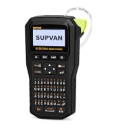 Text reads 'SUPVAN' on digital device. Three views of a compact electronic device with digital display and full QWERTY keyboard in black casing.