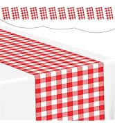 Mwellewm 12Pcs Gingham Table Runner 14x108'' Red and White Checkered Table Runner Plastic Racetra...