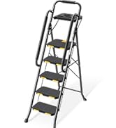 Black folding step ladder with five wide non-slip steps and handrails, designed for household use. Features a sturdy metal frame construction.
