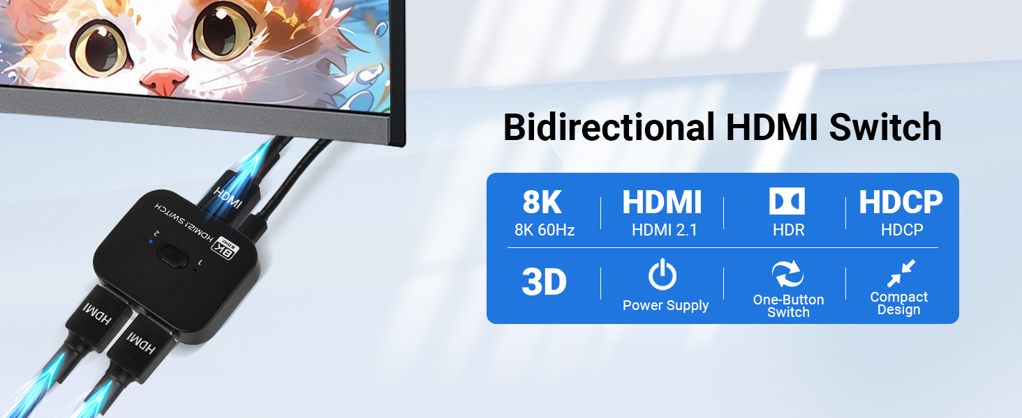 Bidirectional HDMI switch device with blue indicator icons showing 8K, HDMI, 3D, HDCP compatibility
