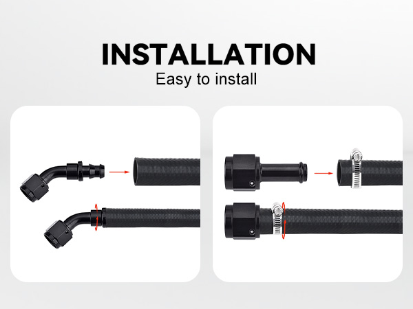 Demonstration of hose installed on an AN6 push-lock fitting and a standard barb with a hose clamp
