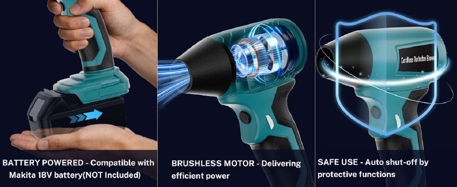 Features of the Electric Air Duster - Cordless, Brushless Motor, Protective Functions