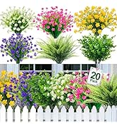 TURNMEON 20 Bundles Artificial Flowers for Outdoors, Spring Grass Camellia Fake Flowers Fern Plan...