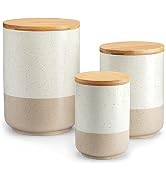 Ceramic or stoneware containers with wooden lids shown from various angles, featuring a neutral beige color scheme.