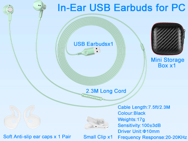 USB Earbuds with Microphone for PC, USB Headset with Mic for Computer