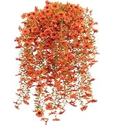 Rowfad 6 Pcs Artificial Hanging Mums Flowers Outdoor, Orange UV Resistant Fake Hanging Fall Plant...