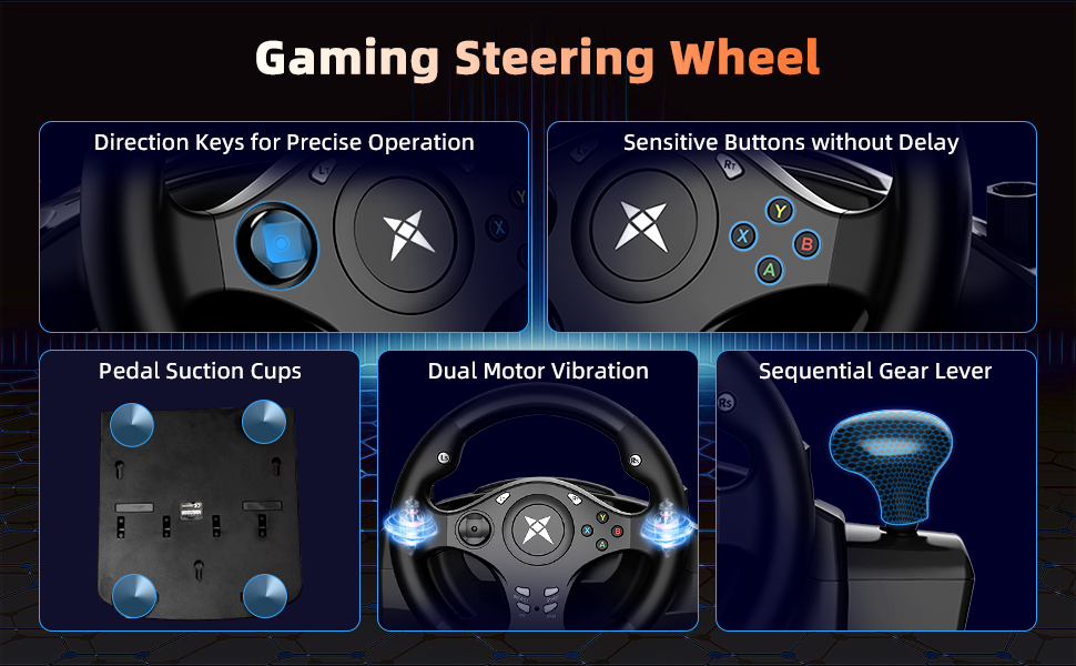 Gaming steering wheel features diagram. Highlights include direction keys, buttons without delay, pedal section, dual motor vibration, and sequential gear lever.