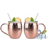 TJ Moscow Mule Mugs Set of 2, Rose Hammered Mule Cup 17 oz, Stainless Steel Lining Brass Handles ...