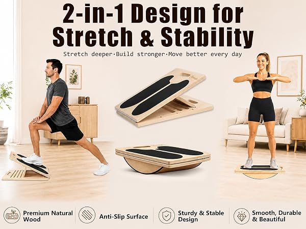 2-in-1 wooden slant and balance board for stretching, stability training, and home fitness.