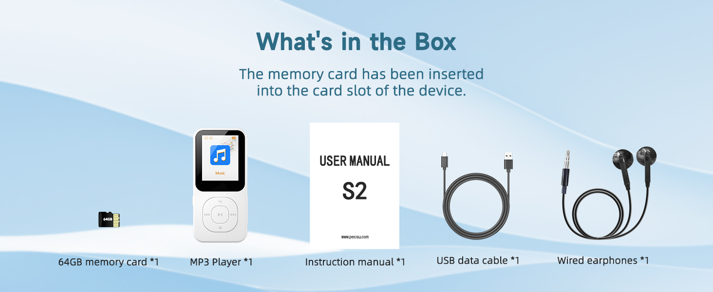 Text reads 'What's in the Box'. Product contents diagram showing memory card, manual ($2), cable, SD card slot adapter, and earbuds with icons.